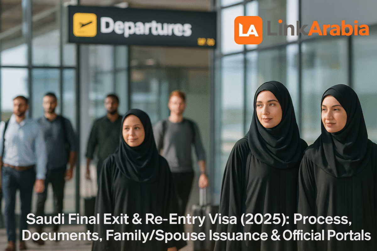 Saudi Final Exit and Reentry Visa—2025 guide to process, documents, family/spouse issuance, extensions, fees, validity, and official Absher, Muqeem & Qiwa links.